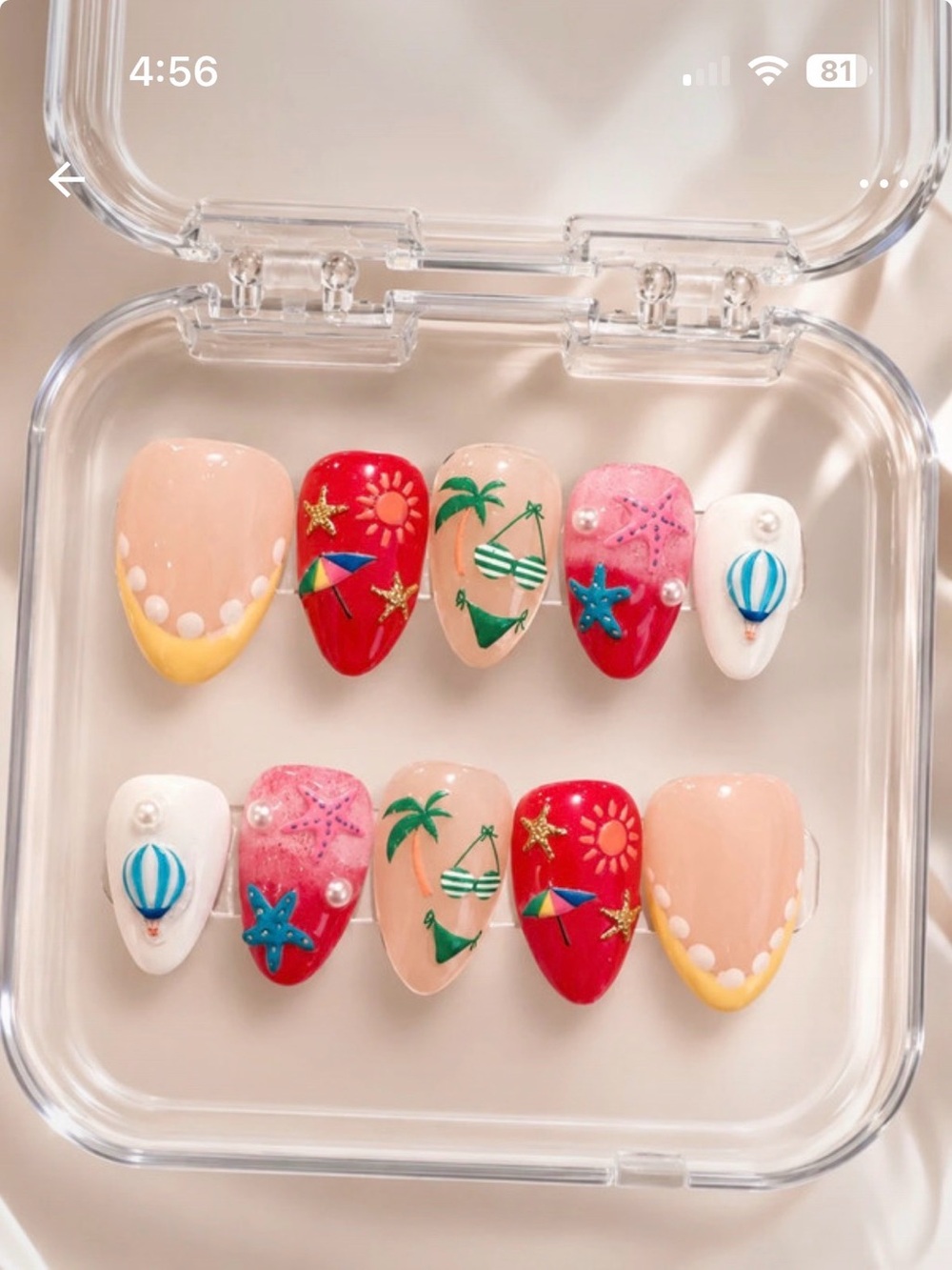 Summer Beach-Themed Press-On Nails for Kids - Pink, Red, Peach, White